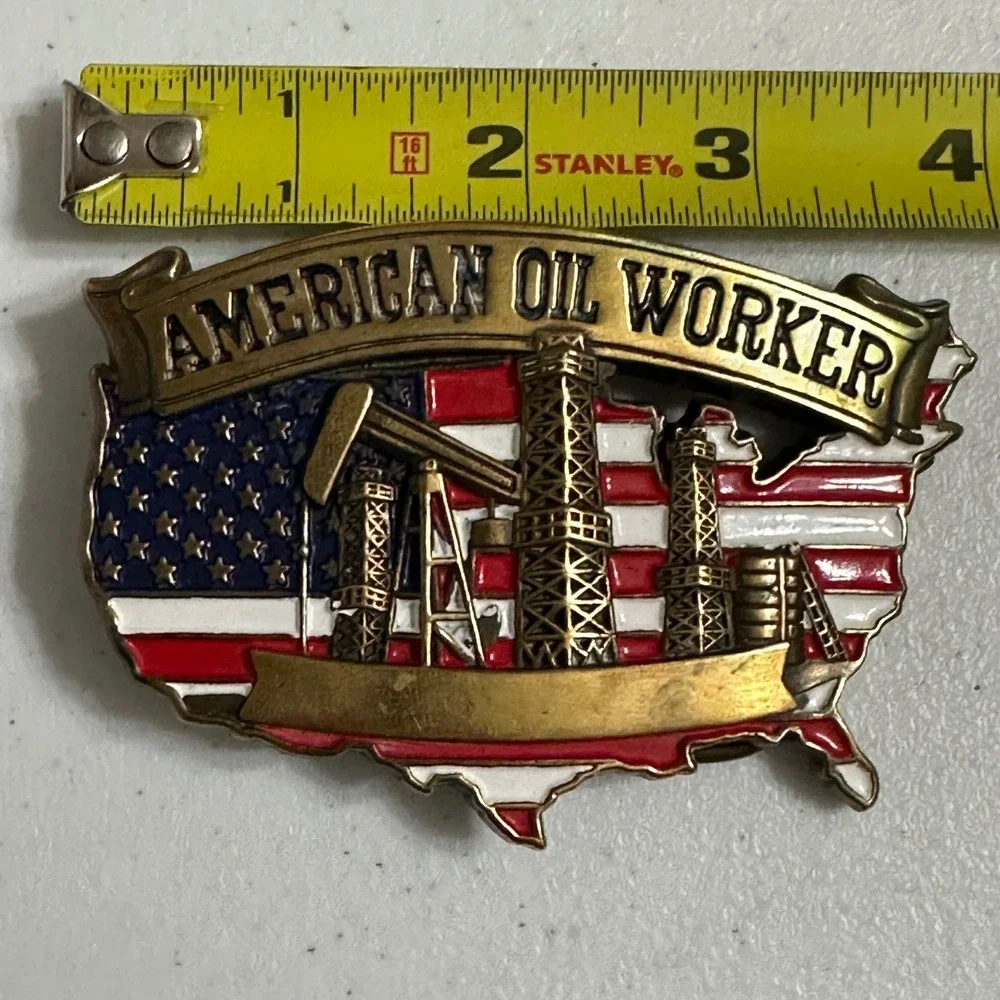 Baron American Oil Worker Belt Buckle Solid Brass Vintage '81 Americana USA Flag